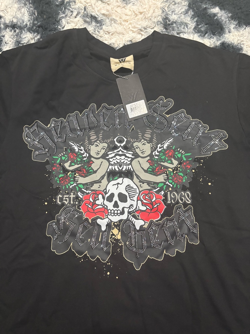 Black Graphic Tee with Skull & Rose Print